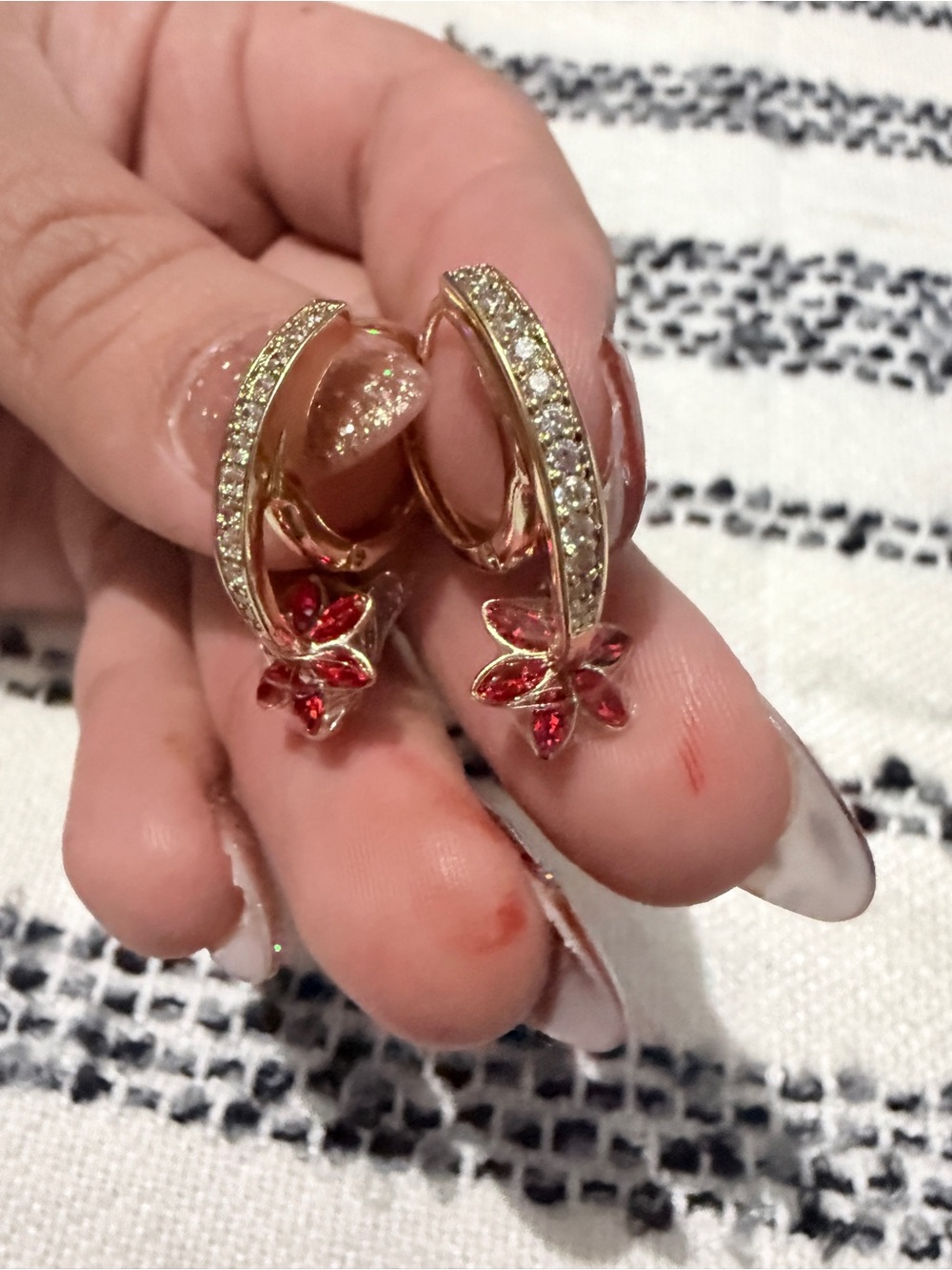 Gold Plated 14k Hoop Earrings with Red Floral Crystal Charms